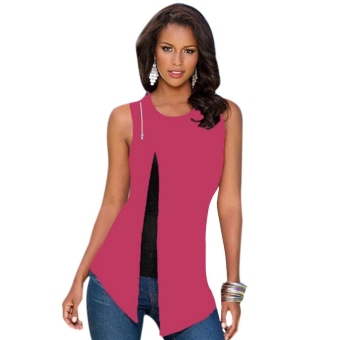 Sunweb Fashion Women O-Neck Sleeveless Mesh Patchwork Casual Slim Blouse Tops ( Rose red ) - intl  