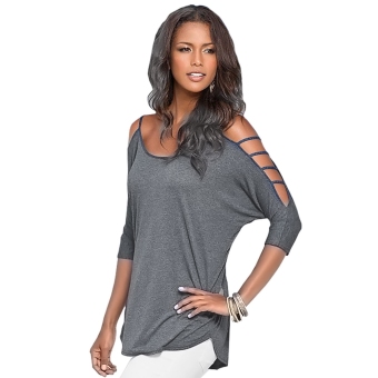 Sunweb Fashion Women Off Shoulder Hollow Out 3/4 Sleeve Solid Blouse Tops ( Gray ) - intl  