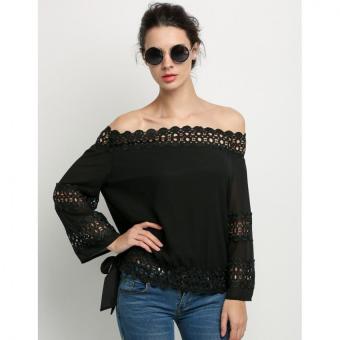 Sunweb Fashion Women Slash Neck Lace Patchwork Side Strap Chiffon Blouse Tops ( Black ) - intl  