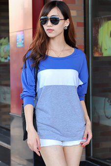 Sunweb Fashion Women's Casual Long Sleeve O-neck T-shirt Casual Patchwork Tops Blue  