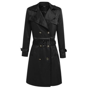 Sunweb Finejo Women Fashion Casual Turn Down Collar Long Sleeve Solid Double Breast Long Trench Coat with Belt(Black)  