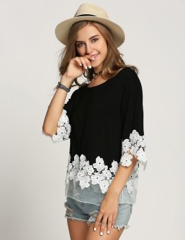 Sunweb Finejo Women Floral Lace Casual Top Shirt Blouse ( Black ) - intl  