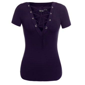 Sunweb FINEJO Women Sexy Front Cross Bandage Plunge V Neck Lace Up Thin Waist Slim Fit T-shirt ( Purple ) - intl  