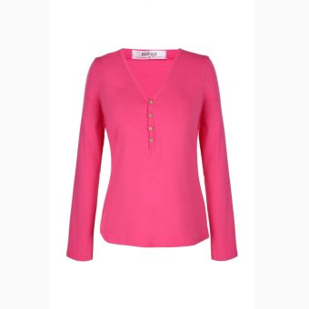 Sunweb Meaneor Stylish Ladies Women Casual V-neck Long Sleeve Single-breasted Solid T-shirt ( Rose red ) - intl  