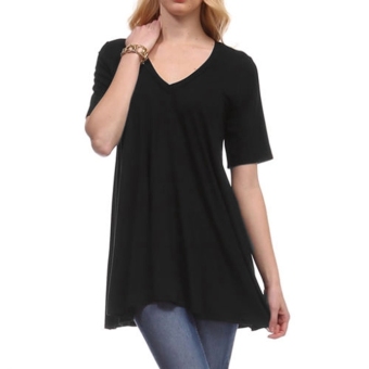 Sunweb New Casual Women Short Sleeve V-neck T-shirt Solid Loose Leisure Tops Blouse ( Black ) - intl  
