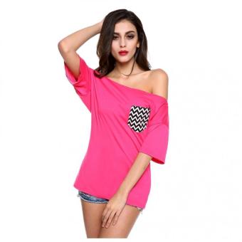 Sunweb New Fashion Lady Women's 1/2 Sleeve Slash Neck Off-shoulder Striped Pocket Loose T-shirt ( red ) - intl  