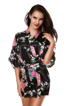 Sunweb New Fashion Women Pajamas V-Neck Satin Loose Nightwear Nightwear Robes (Black) - Intl  