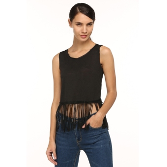 Sunweb New Stylish Finejo Women Casual Sleeveless Round Neck Tassel Bottom Tops Blouse ( Black ) - intl  