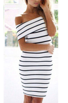 Sunweb Off-shoulder Stripe Slim Mini Bodycon Dress (White)  