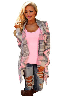 Sunweb Stylish Women Long Sleeve Geometric Print Open Front Loose Outwear Jacket Coat Top (Pink)  