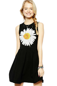 Sunweb Women Print Floral Sleeveless O-Neck Sundress Mini Casual Party Dress (Black)  