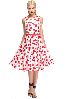 Sunweb Women'S Retro Sleeveless Cherries Printed Slim Prom Party Cocktail Swing Dress With Belt (White)  