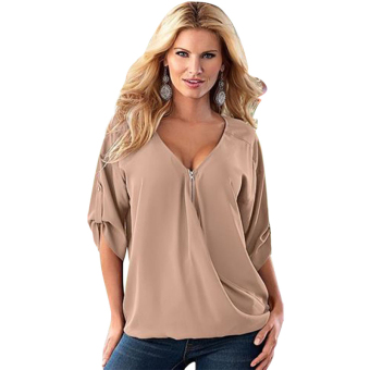 Sunwonder New Loose Women Casual Short Sleeve Shirt Tops Blouse Ladies Tee Top (Khaki) (Intl) - intl  