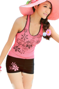 Sunwonder pantai wanita tank top + celana pendek olahraga pakaian renang yang ditetapkan (Berwarna Merah Muda)  