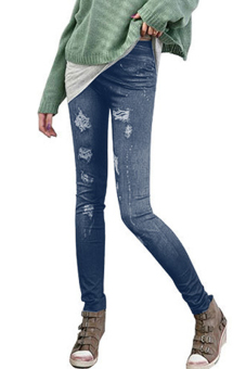 Sunwonder Peregangan Perempuan Kurus Legging Jeans Celana Pensil Lubang Pencetakan (Biru)  