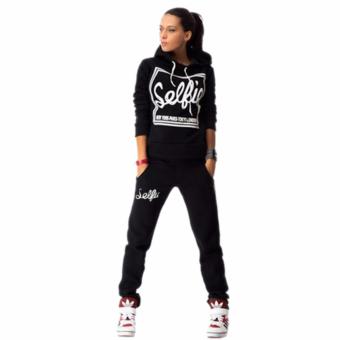 Sunwonder Stylish Women Casual Long Sleeve Hoodie Letter Pattern Top Blouse and Pant Set (Black) - intl  