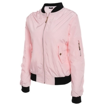 Sunwonder Women Casual Biker Jacket Zip-Up Solid Short Slim Fit Bomber Jacket(Pink) - intl  