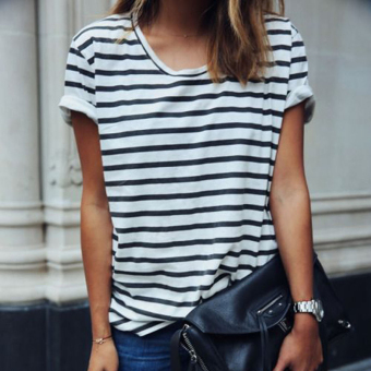 Sunwonder Women Fashion Short Sleeve Striped Tops Blouse Casual Elastics T-Shirt (Intl) - intl  