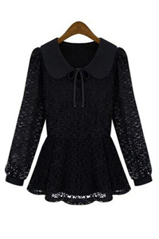 SuperCart Autumn Lace Bow Vintage Doll Collar Slim Long Sleeve Puff Tops (Black)   