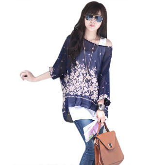 SuperCart Bohemian O-neck Batwing Sleeve Loose-fitting Chiffon Casual Floral Blouse (Blue) (Intl)  