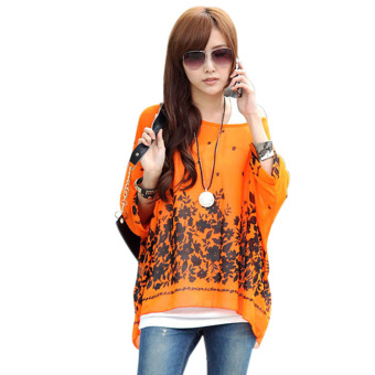 SuperCart Bohemian O-neck Batwing Sleeve Loose-fitting Chiffon Casual Floral Blouse (Orange)  