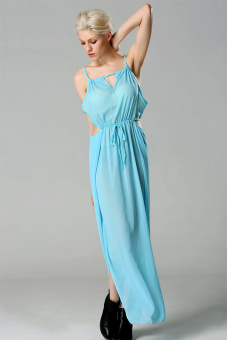 SuperCart Chiffon Halter Off-shoulder Hollow Out Maxi Long Beach Dress Gown (SkyBlue) (Intl) - intl  