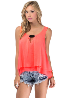 SuperCart Fashion Sleeveless Pure Color Elastic Collision Adornment Chiffon Double Vest Top (Pink)   