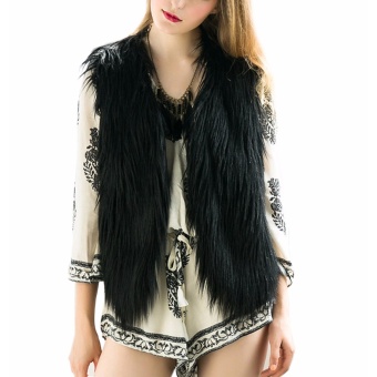 Supercart Fashion Women Faux Fur V-Neck One Hook Short Vest Waistcoat(Black) - intl  