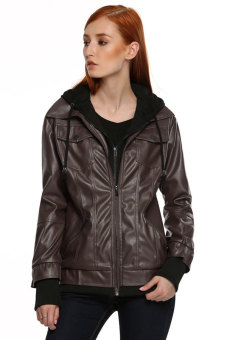 SuperCart Meaneor Women Fashion Casual Synthetic Leather Jacket Coat With Hoodie (Coffee)  