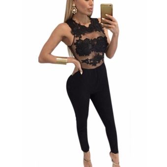 Supercart Sexy Women Elegant See-through Lace Patchwork Embroidery Body Mesh Bodycon Jumpsuit Clubwear(Black) - intl  