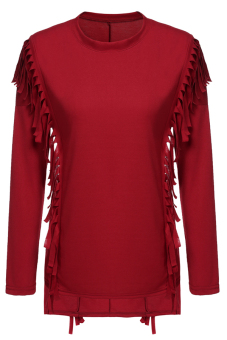 SuperCart Women Casual Batwing Long Sleeve Fringe Tassel Asymmetric Irregular Hem T Shirt Tops Jumper Shirt Blouse ( Wine Red )   