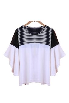 SuperCart Women Loose Round Neck Medium Batwing Sleeve Sheer Stripe Patchwork Tops Blouse(White)   