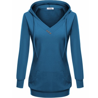 Supercart Women's Long Sleeve V Neck Hooded Solid Pullover Pocket Sweatshirt Hoodie(Dark Blue) - intl  