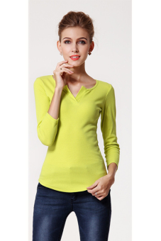 SuperCart Women's V-neck Bottoming Shirt Pure Color Tops Blouse (Green) - Intl  
