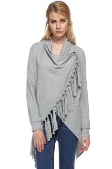 SuperCart ZEAGOO Fashion Lady Women's Folded Collar Long Sleeve Tassels Irregular Tops Long T-shirt (Grey)   