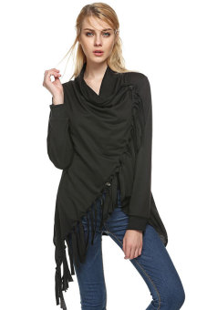SuperCart ZEAGOO Fashion Lady Women's Folded Collar Long Sleeve Tassels Irregular Tops Long T-shirt (Black)   