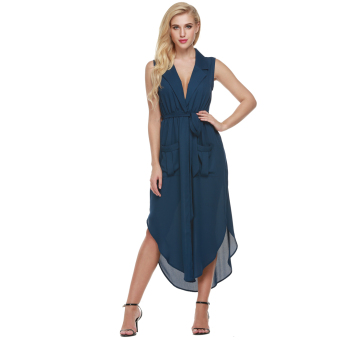 Supercart Zeagoo Women Sleeveless Slit Chiffon Maxi Shirt Dress With Belt ( Dark Blue ) - intl  