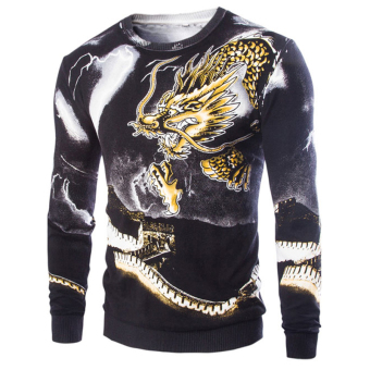 Sweater new autumn and winter high-quality men's sweater hedging dragon printed cashmere sweater black  