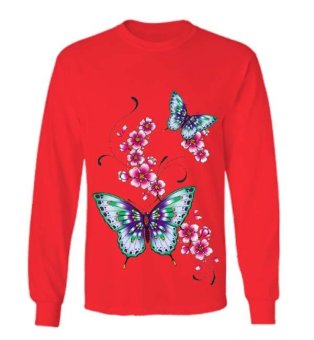 Sz Graphics Butterfly Flower T Shirt Long Sleeve Wanita Kaos Lengan Panjang Wanita T Shirt Wanita Kaos Wanita T Shirt Fashion-Merah  