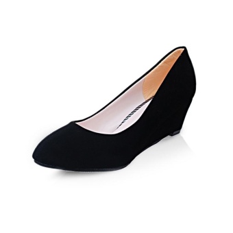 Tauntte Round Toe Flock Wedges Pumps Fashion Med Heels Shallow Formal Career Shoes For Lady (Black) - intl  