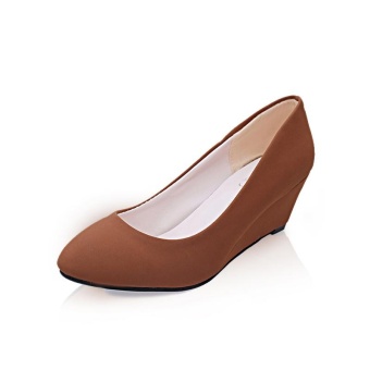 Tauntte Round Toe Flock Wedges Pumps Fashion Med Heels Shallow Formal Career Shoes For Lady (Khaki) - intl  