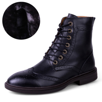 Tauntte Winter British Men Martin Boots Fashion Keep Warm Carving Flower Bullock Boots Genuine Leather Boots With Fur Plus Size (Black) - intl  