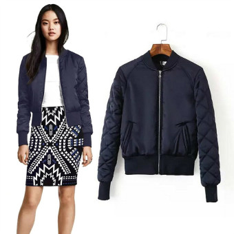 The Best Fashion Long sleeve Quilted Jacket Thin Padded Short Quilting Bomber Pilot Jacket Coat Outerwear Tops 2XL (Navy Blue) - intl  