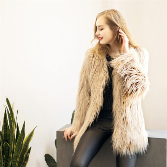 The Fashion Elegant faux fur coat women Fluffy warm long sleeve female outerwear 3XL(Khaki) - intl  