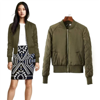 The Fashion Long sleeve Quilted Jacket Thin Padded Short Quilting Bomber Pilot Jacket Coat Outerwear Tops M (Army Green) - intl  