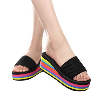 The new candy-colored beach slippers and fashion lady slipper slope with high (Black)  