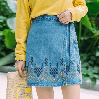 The new folk style embroidery pattern lace skirt jeans A word skirt - Intl  