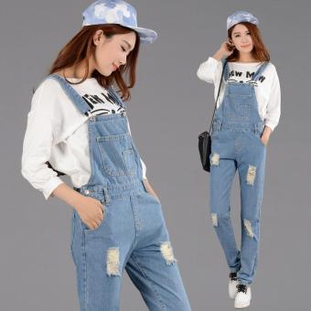 The New South Korean Women's Nine Points Suspenders Braces Jeans Beggar Hole Denim Straps Trousers (light Blue) - intl  