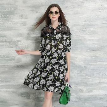 The new summer beauty lace stitching Chiffon Printed lapel Dress - intl  