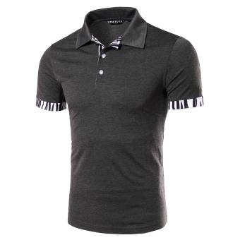 The new summer men's short-sleeved T-shirt lapel stitching casual striped shirt POLO Dark grey  